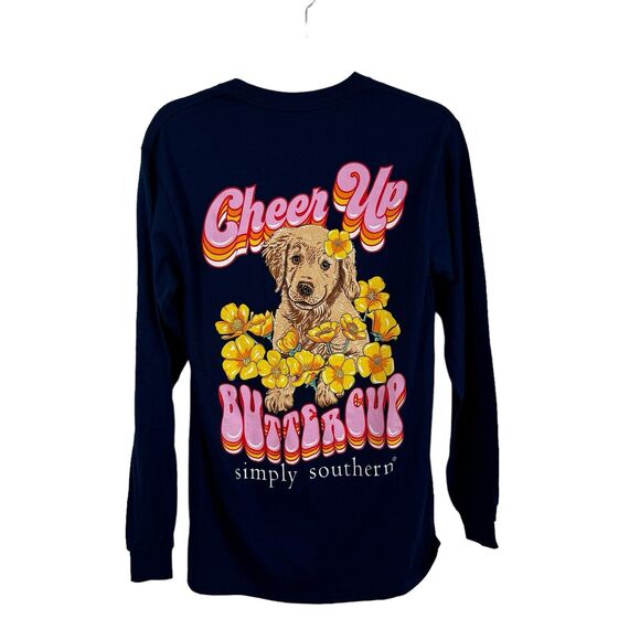 Simply Southern 'Cheer Up Buttercup' Golden Retriever Blue T-Shirt Womens Small - Picture 1 of 6